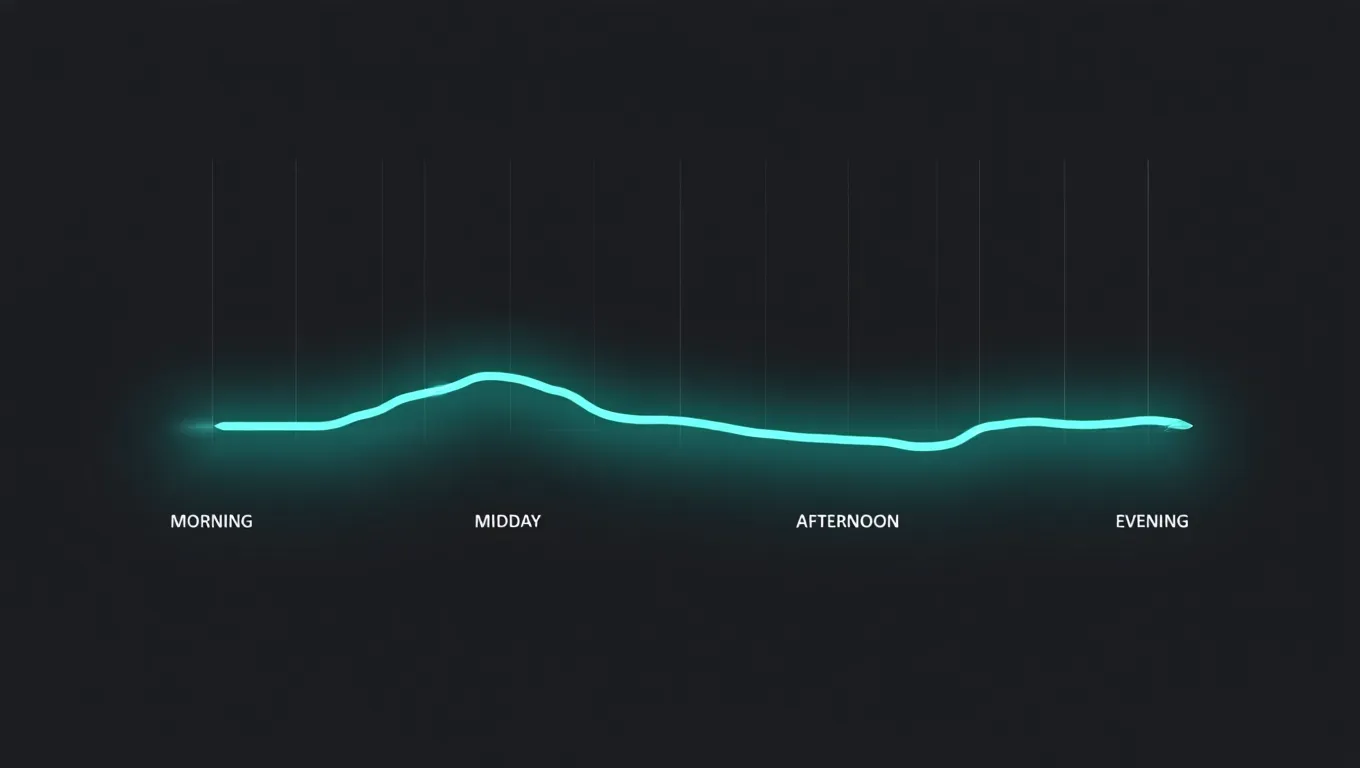 A smooth energy curve diagram showing stable activity levels across morning, midday, afternoon and evening phases of the day