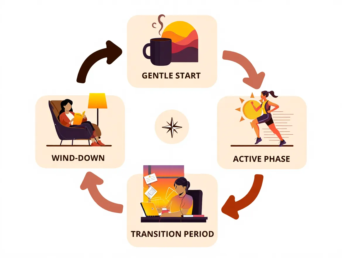 A diagram showing four connected phases of the day: gentle start, active phase, transition period, and wind-down, each flowing into the next